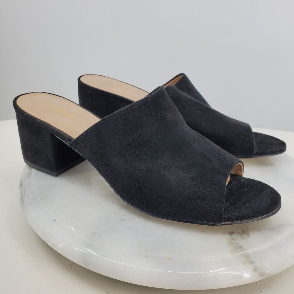 Aldo Resplandina Black Suede Block Heel‎ Open Toe Slip On Formal Sandals 8.5
